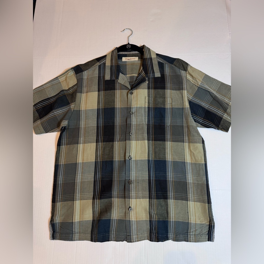 Tommy Bahama Linen Silk Plaid Camp Shirt Large Coastal Resort Beach Vacation